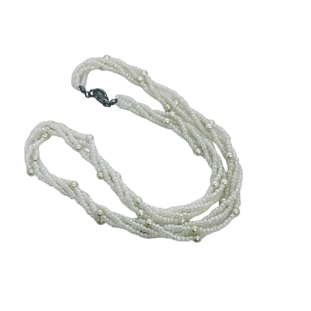 Vintage 4 Strand Twisted White Faux Pearl Seed Bead Necklace (796) - Picture 6 of 6